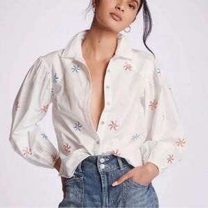 ANTHROPOLOGIE MAEVE WHITE COTTON BLOUSE SEQUINED STARFISH EMBELLISHMENTS SMALL